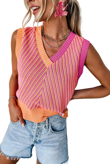 Strawberry Pink Chevron Knit Sleeveless V Neck Sweater Vest
