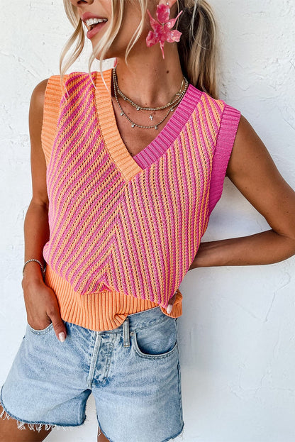 Strawberry Pink Chevron Knit Sleeveless V Neck Sweater Vest