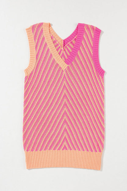 Strawberry Pink Chevron Knit Sleeveless V Neck Sweater Vest
