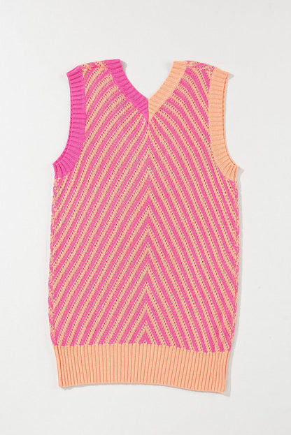 Strawberry Pink Chevron Knit Sleeveless V Neck Sweater Vest