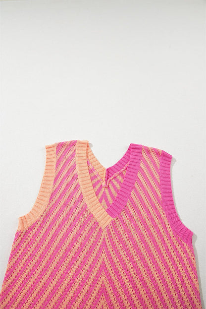 Strawberry Pink Chevron Knit Sleeveless V Neck Sweater Vest