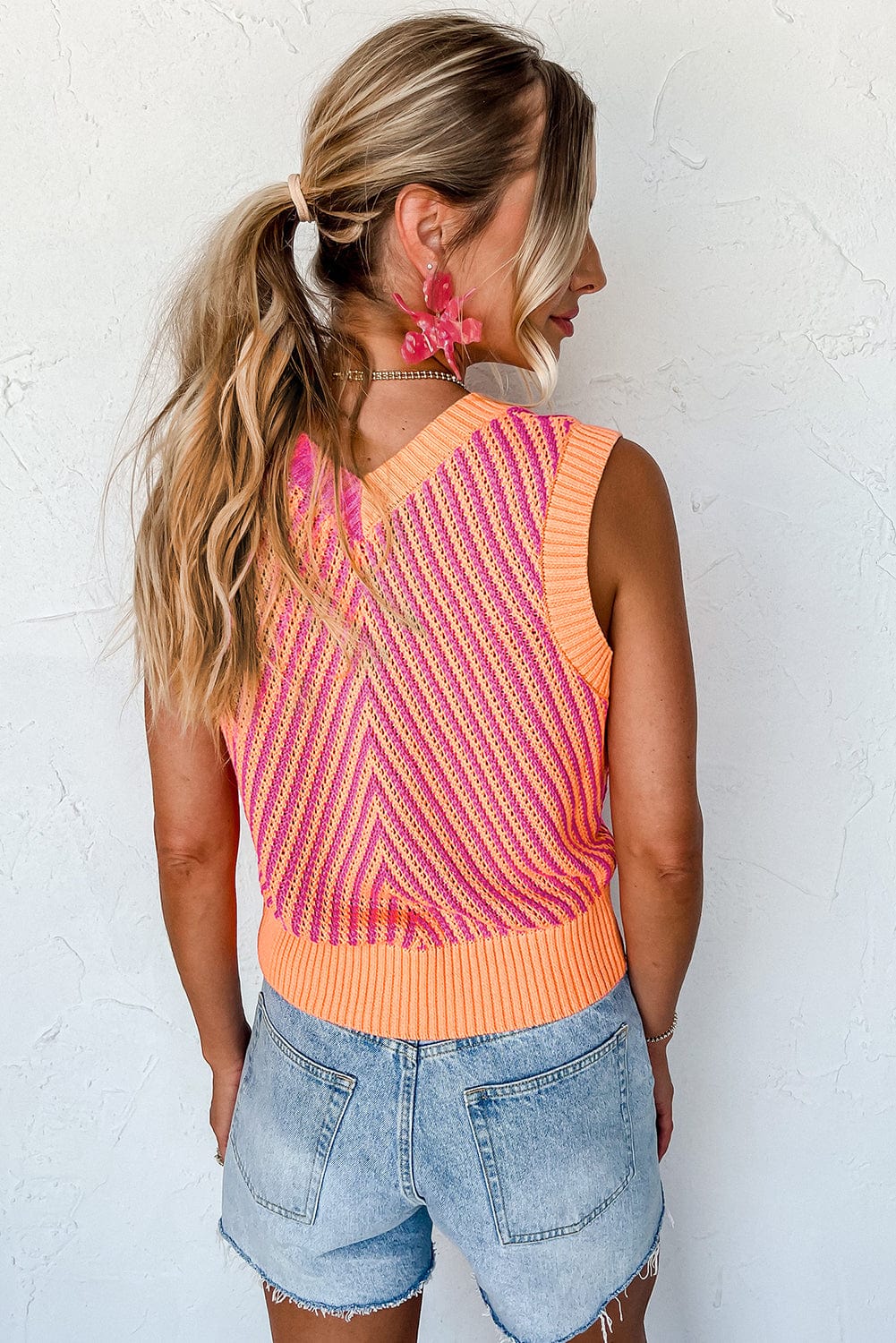 Strawberry Pink Chevron Knit Sleeveless V Neck Sweater Vest