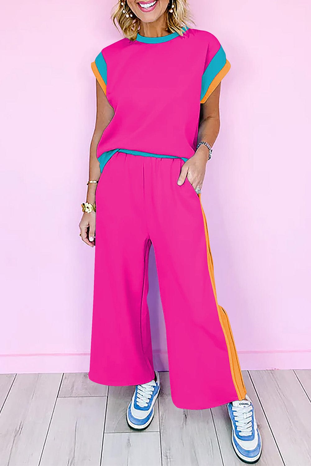 Strawberry Pink Colorblock Casual Co-ord Set