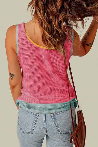 Strawberry Pink Colorblock Patch Pocket Knit Tank Top for Summer