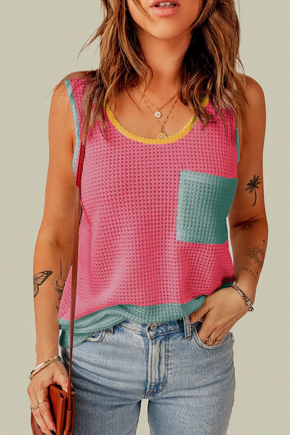 Strawberry Pink Colorblock Patch Pocket Knit Tank Top for Summer