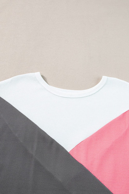 Strawberry Pink Colorblock Waffle Knit Half Sleeve Tee Shirt