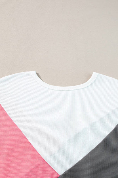 Strawberry Pink Colorblock Waffle Knit Half Sleeve Tee Shirt