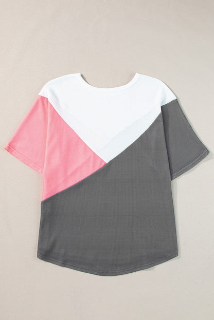 Strawberry Pink Colorblock Waffle Knit Half Sleeve Tee Shirt