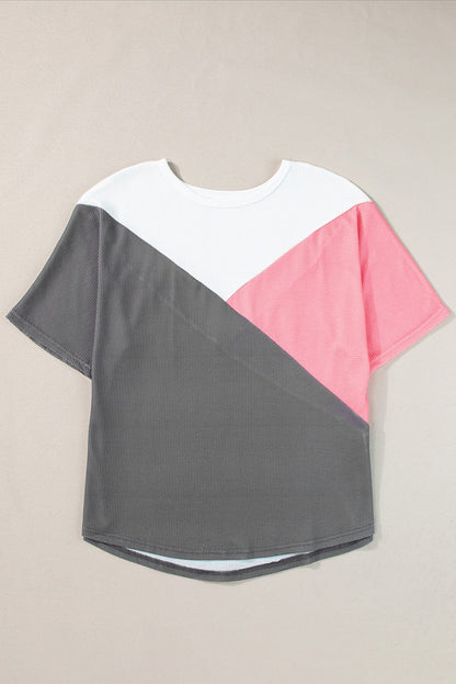 Strawberry Pink Colorblock Waffle Knit Half Sleeve Tee Shirt