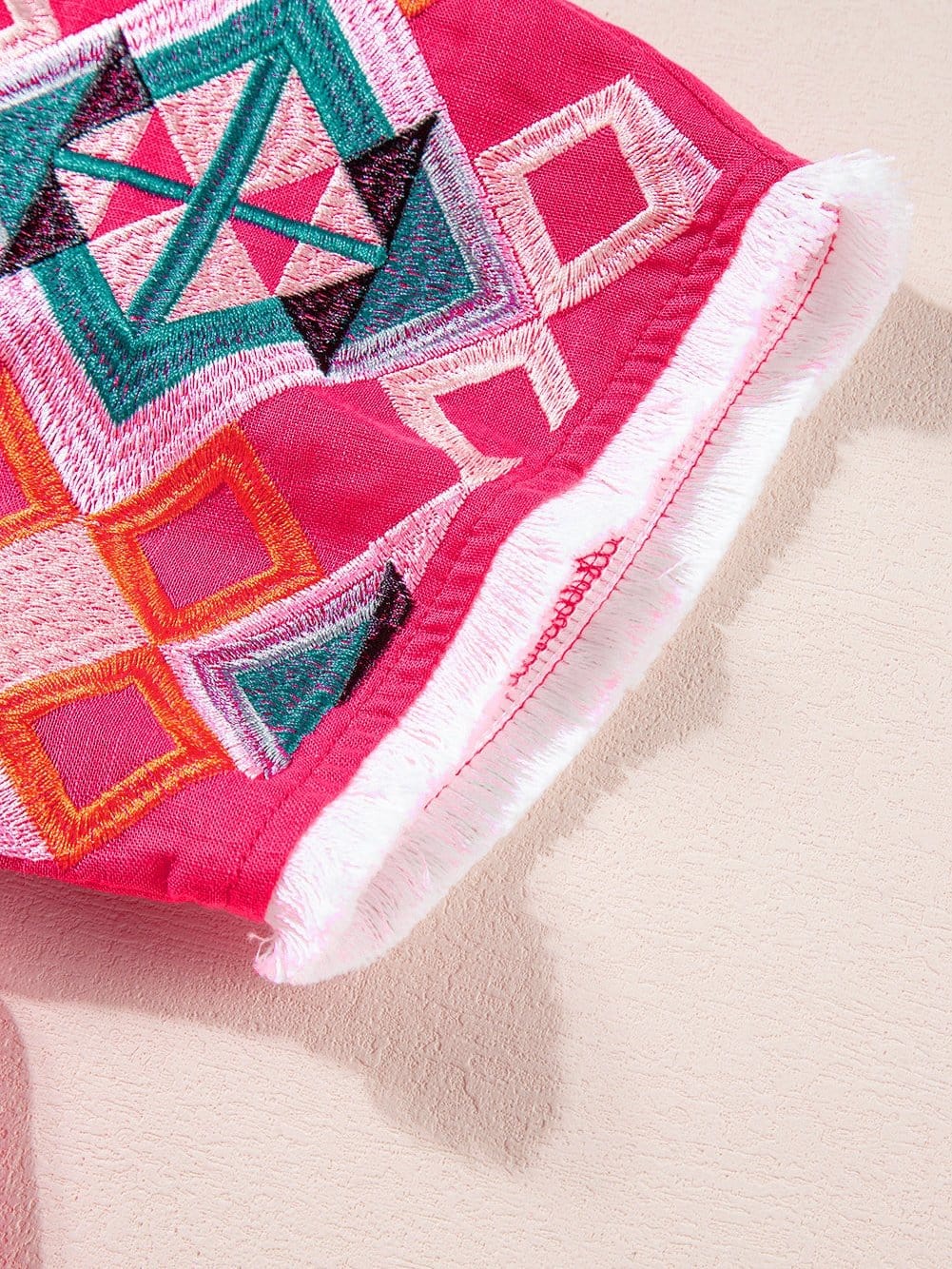 Strawberry Pink Embroidered Geometric Tassel Tie V Neck Top