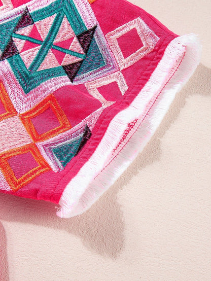 Strawberry Pink Embroidered Geometric Tassel Tie V Neck Top