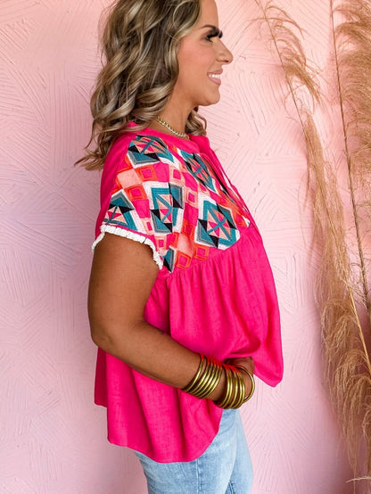 Strawberry Pink Embroidered Geometric Tassel Tie V Neck Top