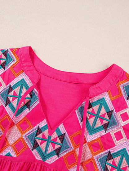 Strawberry Pink Embroidered Geometric Tassel Tie V Neck Top