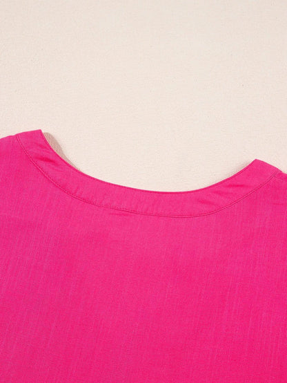 Strawberry Pink Embroidered Geometric Tassel Tie V Neck Top