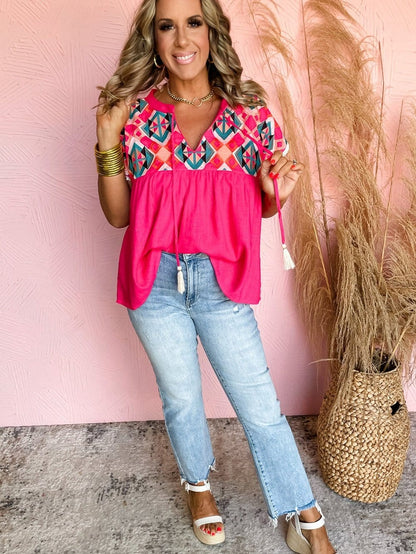 Strawberry Pink Embroidered Geometric Tassel Tie V Neck Top