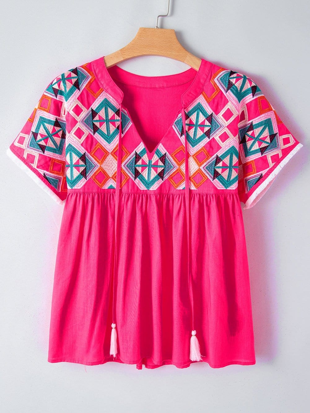 Strawberry Pink Embroidered Geometric Tassel Tie V Neck Top