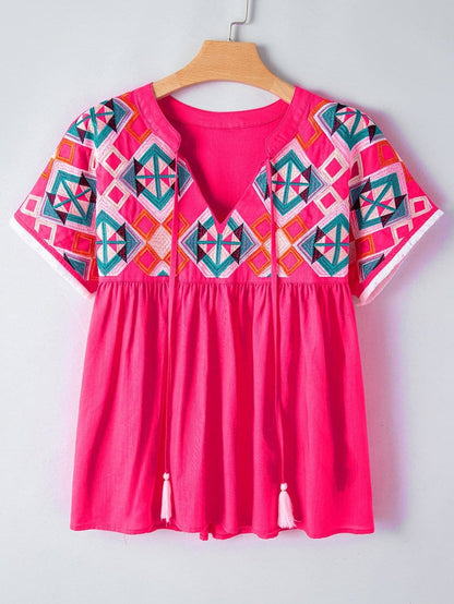 Strawberry Pink Embroidered Geometric Tassel Tie V Neck Top
