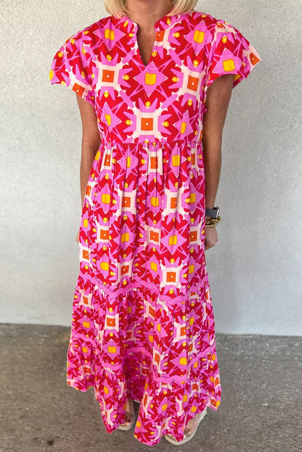 Strawberry Pink Geometric Print V-neck Long Casual Dress