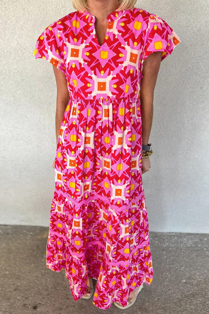 Strawberry Pink Geometric Print V-neck Long Casual Dress