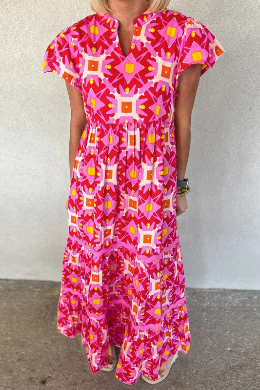 Strawberry Pink Geometric Print V-neck Long Casual Dress