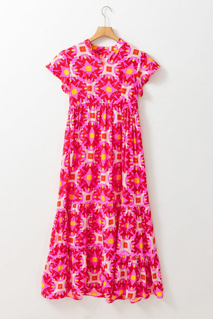 Strawberry Pink Geometric Print V-neck Long Casual Dress
