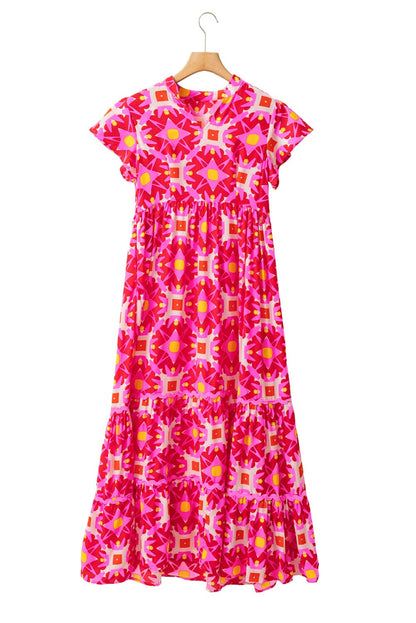 Strawberry Pink Geometric Print V-neck Long Casual Dress