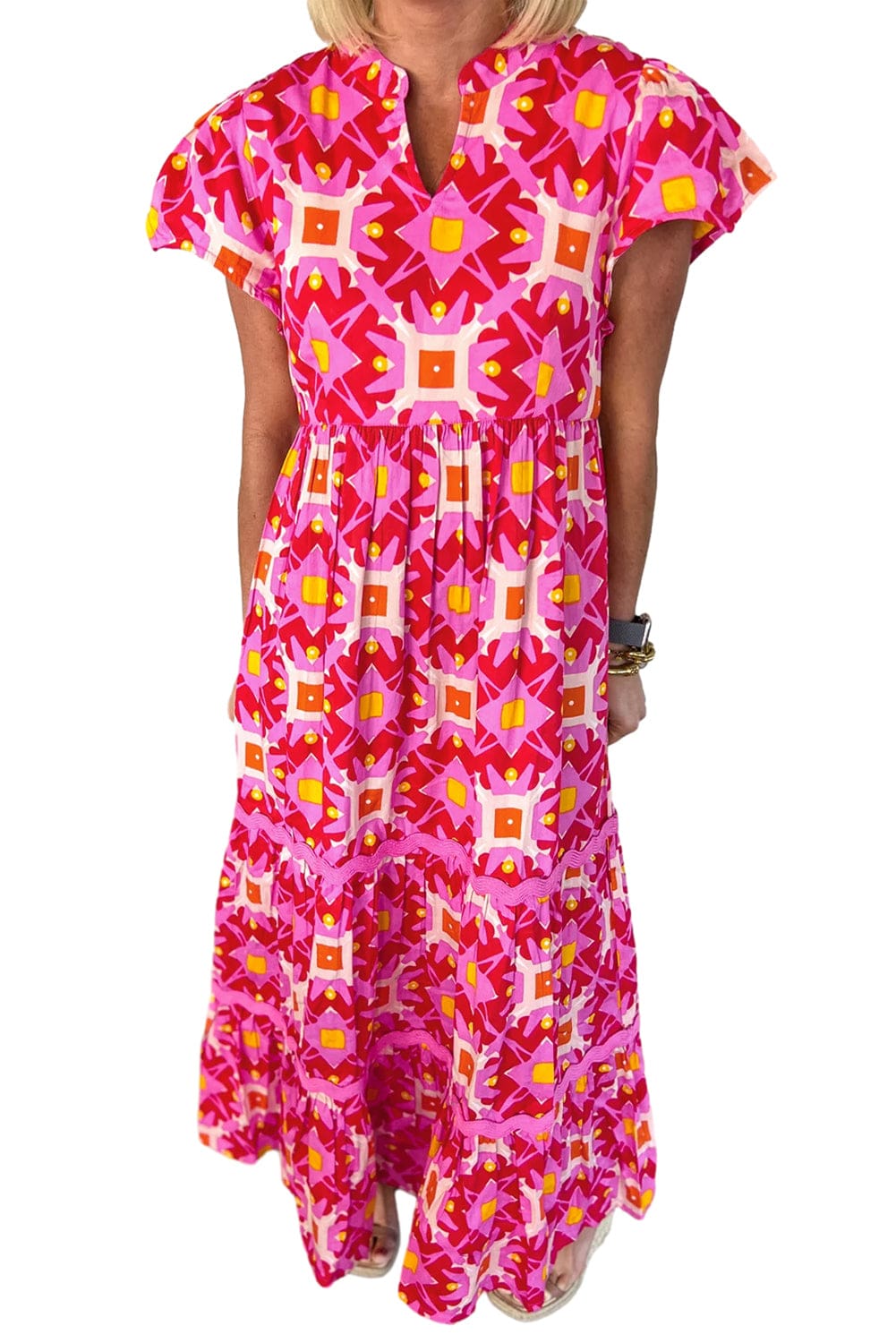 Strawberry Pink Geometric Print V-neck Long Casual Dress