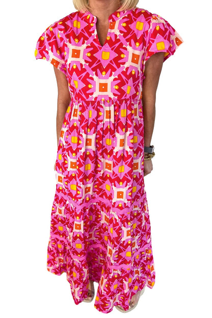 Strawberry Pink Geometric Print V-neck Long Casual Dress
