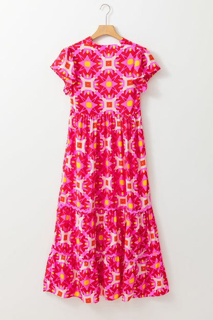 Strawberry Pink Geometric Print V-neck Long Casual Dress