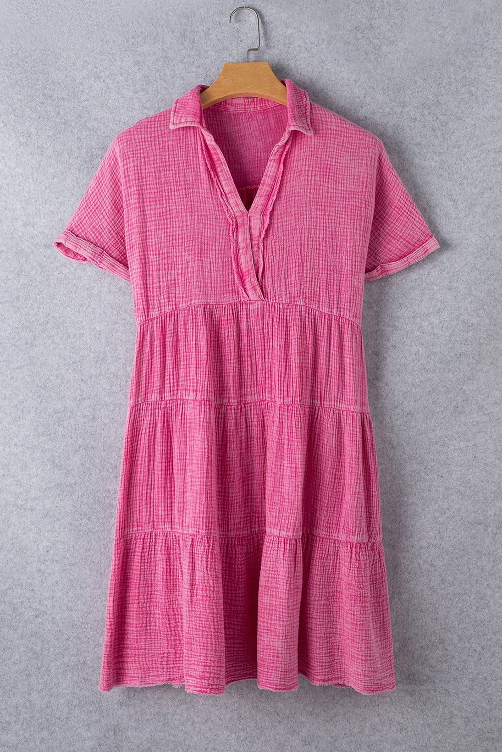 Strawberry Pink Mineral Wash Tiered Shift Dress with Raw Hem