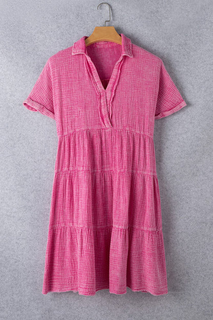 Strawberry Pink Mineral Wash Tiered Shift Dress with Raw Hem