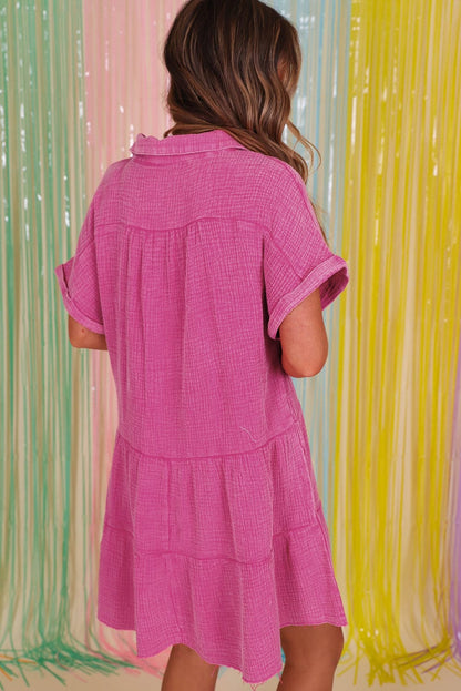 Strawberry Pink Mineral Wash Tiered Shift Dress with Raw Hem