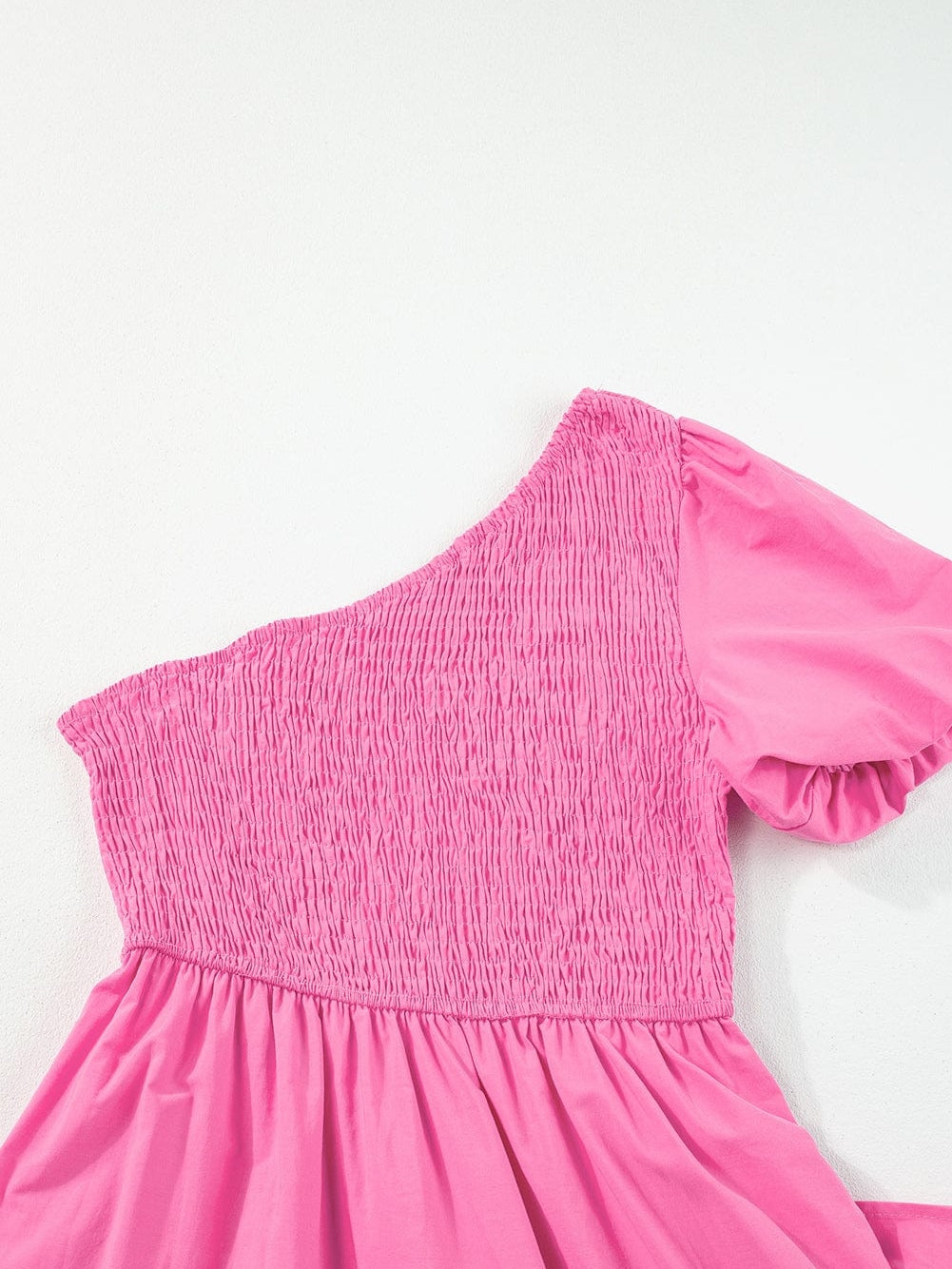 Strawberry Pink One Shoulder Smocked Bodice Tiered Midi Dress