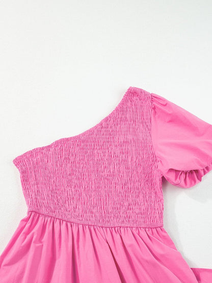 Strawberry Pink One Shoulder Smocked Bodice Tiered Midi Dress