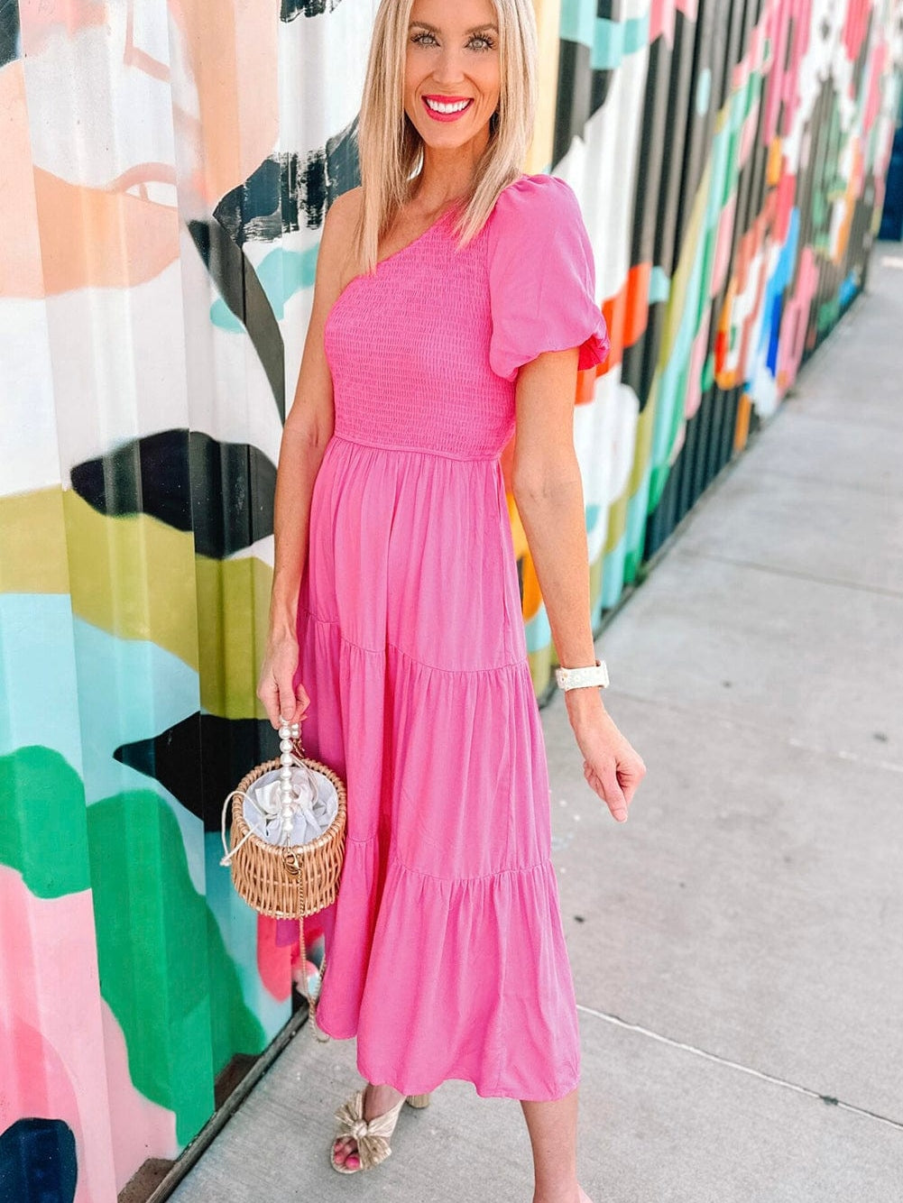 Strawberry Pink One Shoulder Smocked Bodice Tiered Midi Dress