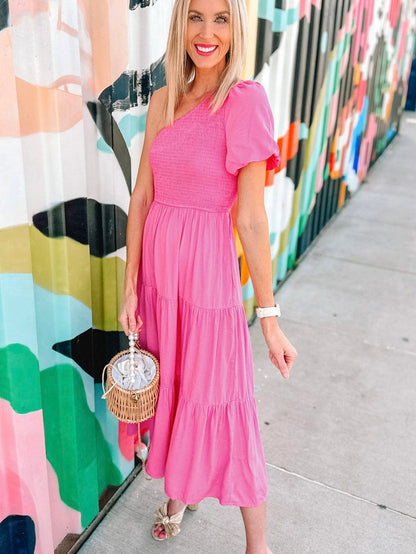 Strawberry Pink One Shoulder Smocked Bodice Tiered Midi Dress
