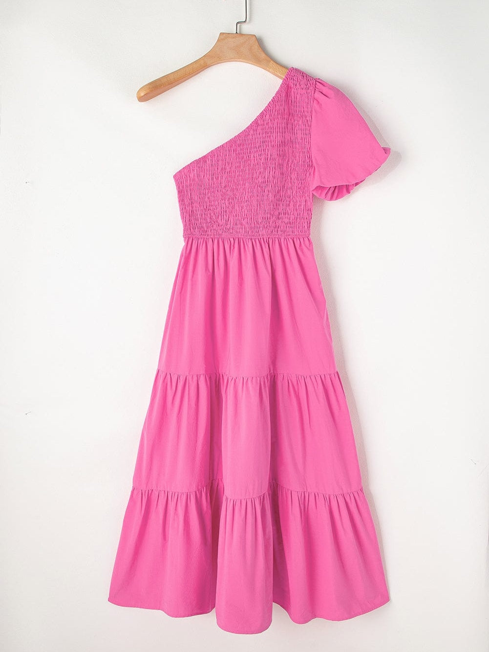 Strawberry Pink One Shoulder Smocked Bodice Tiered Midi Dress