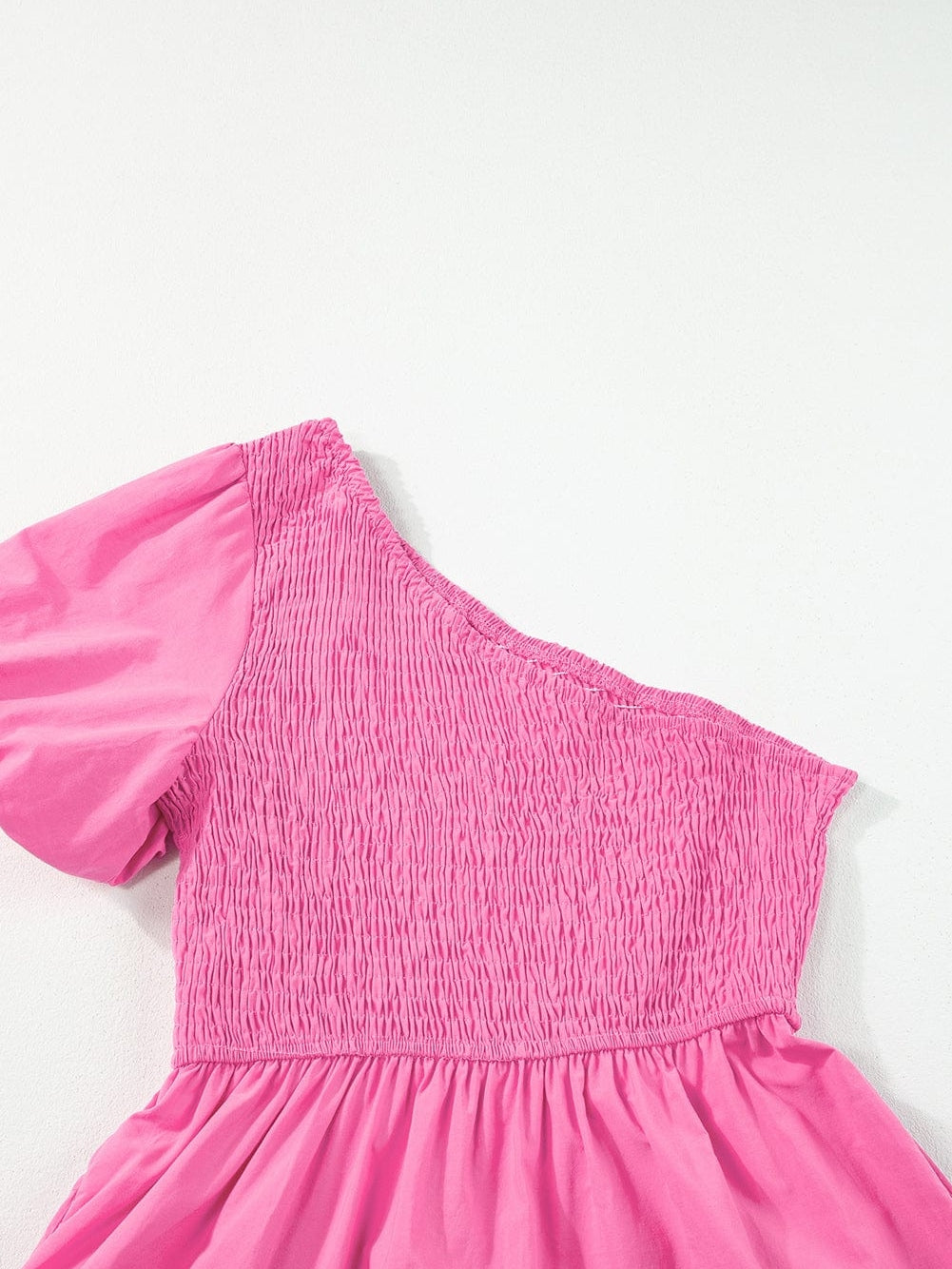 Strawberry Pink One Shoulder Smocked Bodice Tiered Midi Dress