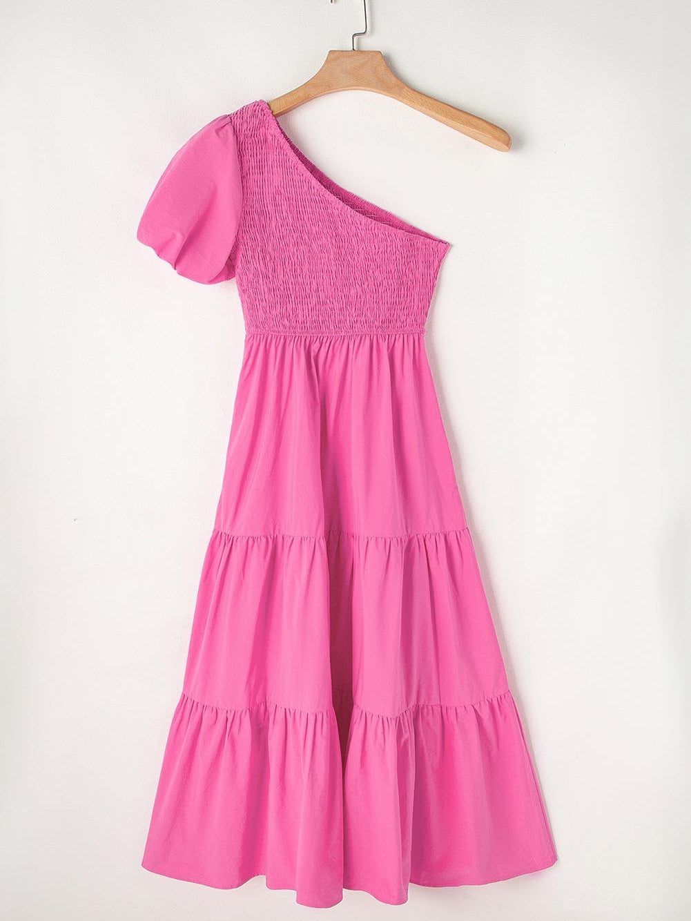 Strawberry Pink One Shoulder Smocked Bodice Tiered Midi Dress