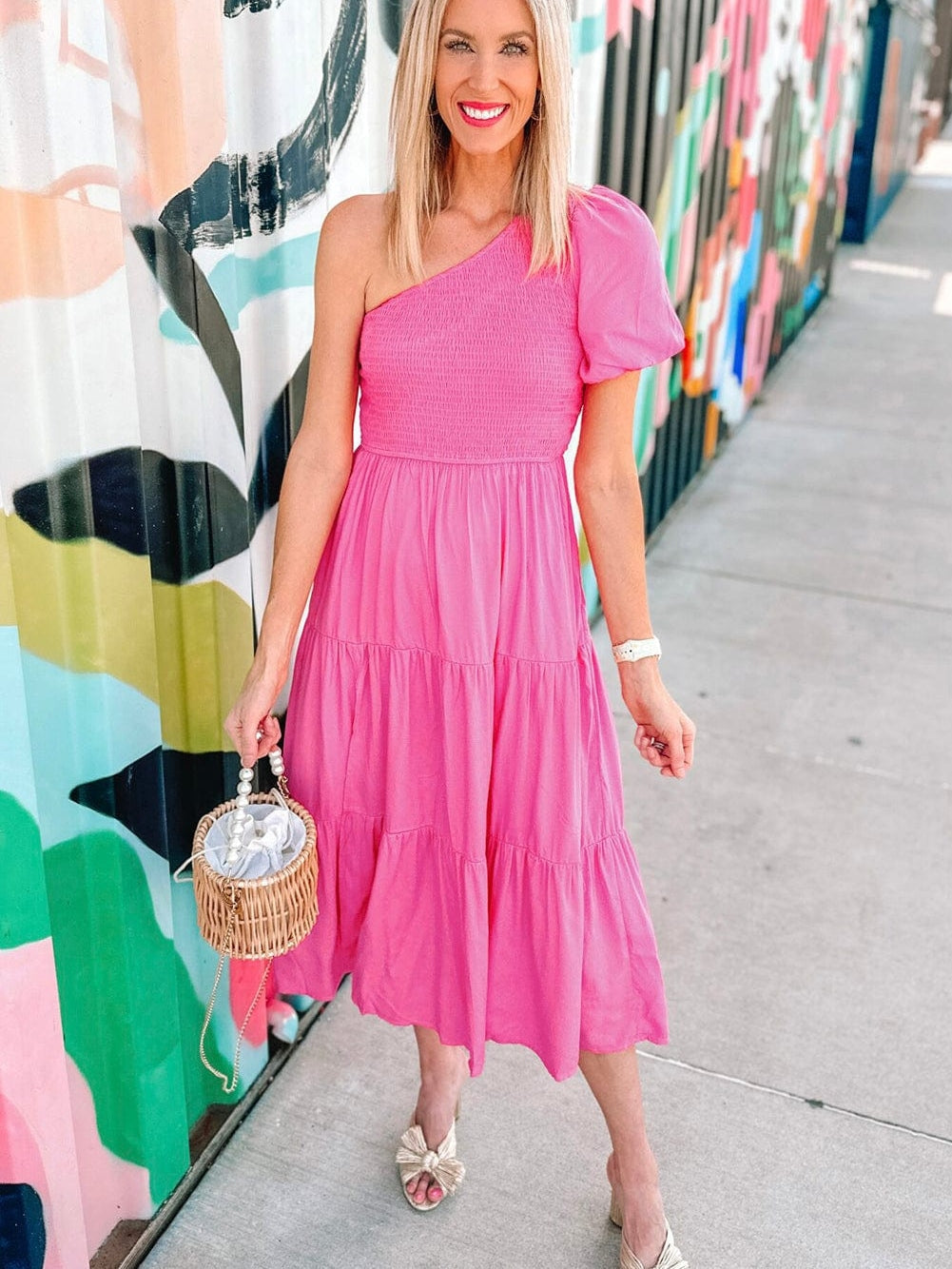 Strawberry Pink One Shoulder Smocked Bodice Tiered Midi Dress