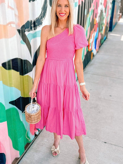 Strawberry Pink One Shoulder Smocked Bodice Tiered Midi Dress