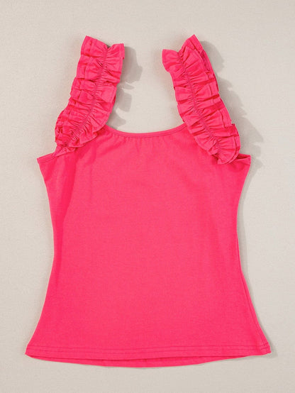 Strawberry Pink Ruffled Sleeveless Sheath Tank Top