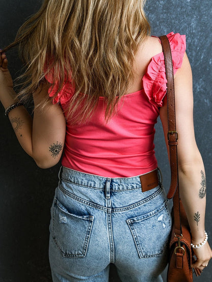 Strawberry Pink Ruffled Sleeveless Sheath Tank Top