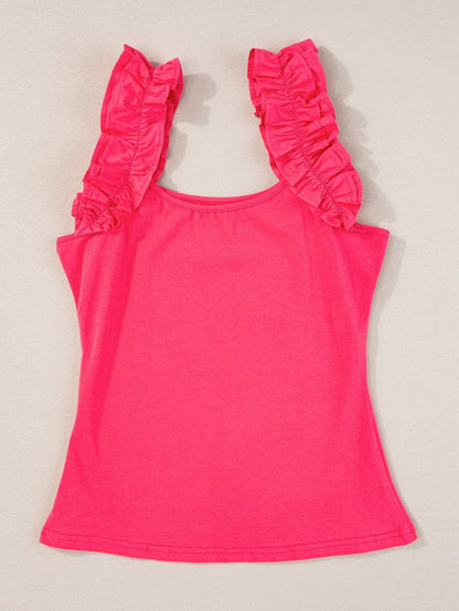 Strawberry Pink Ruffled Sleeveless Sheath Tank Top