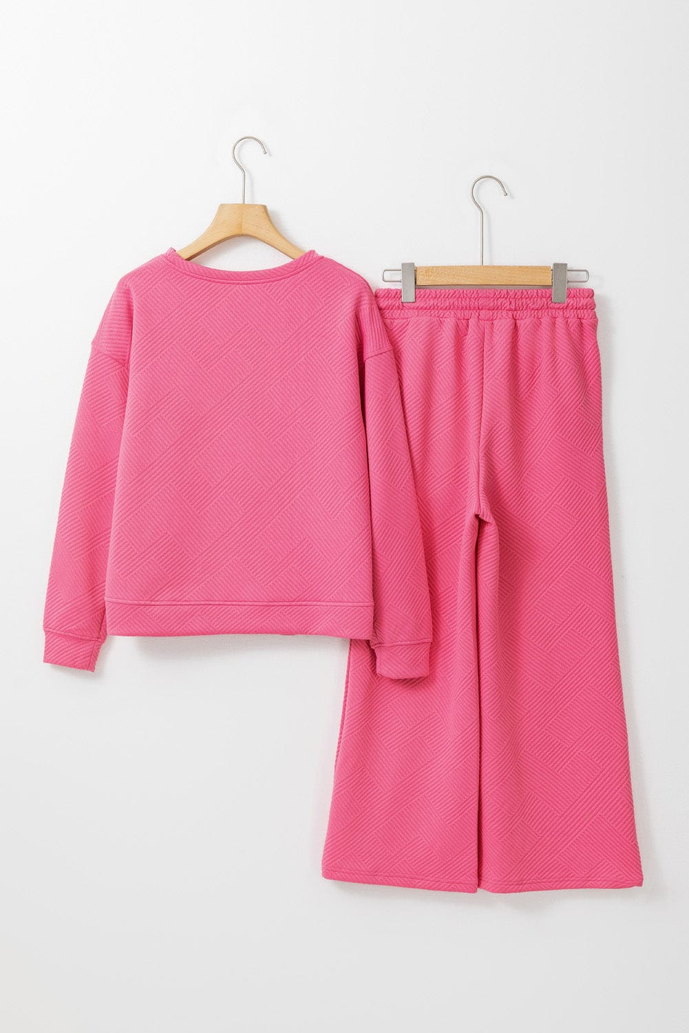 Strawberry Pink Textured Casual Two-Piece Pant Set