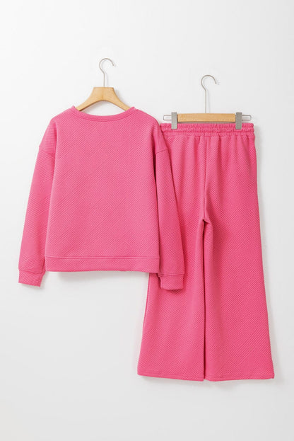 Strawberry Pink Textured Casual Two-Piece Pant Set