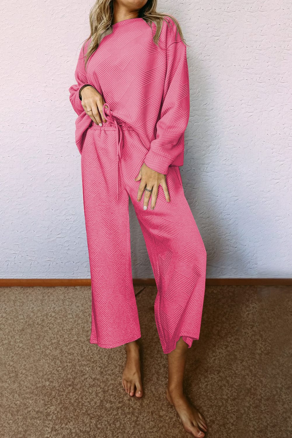 Strawberry Pink Textured Casual Two-Piece Pant Set