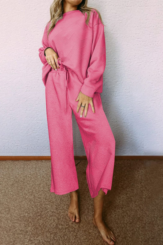 Strawberry Pink Textured Casual Two-Piece Pant Set