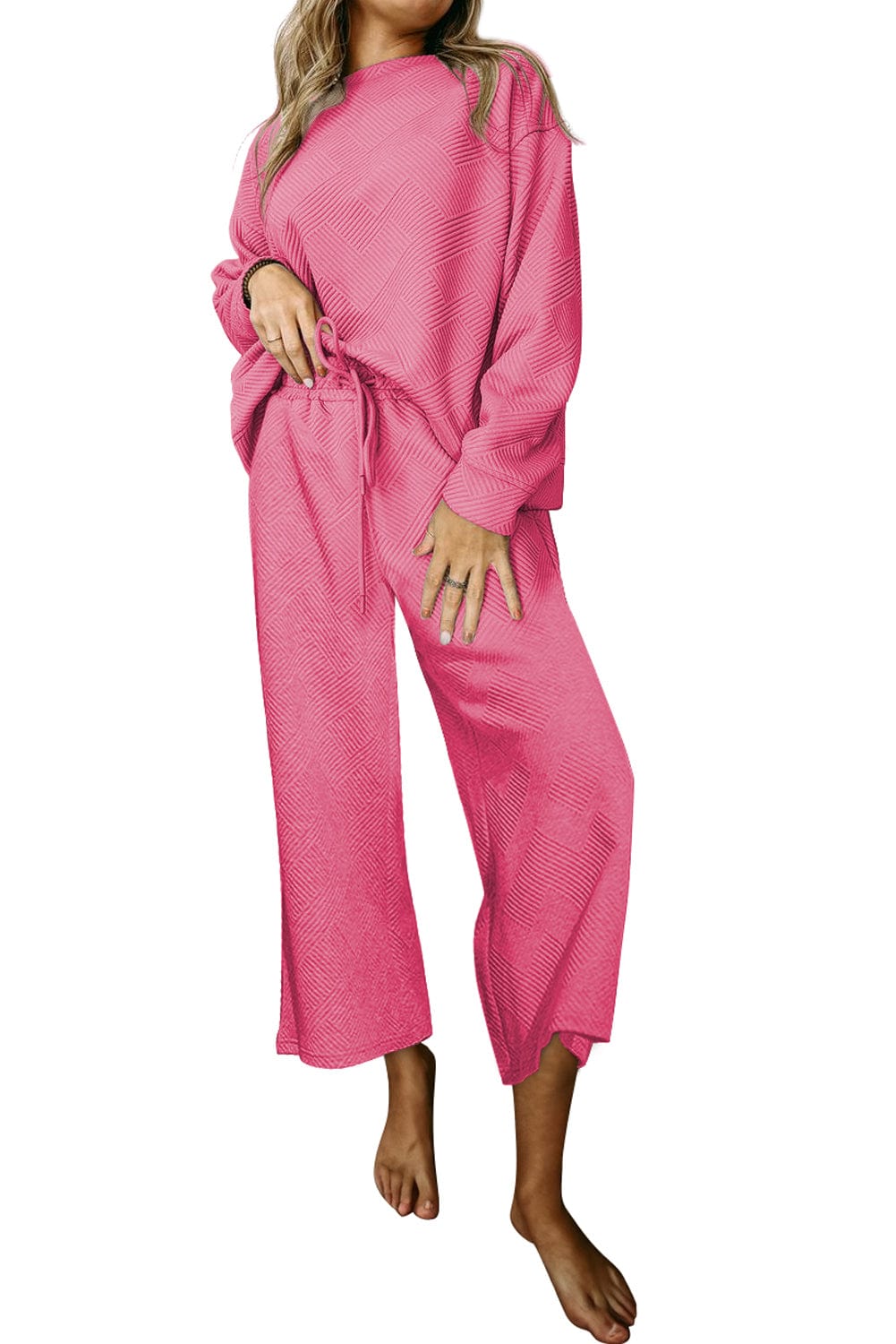 Strawberry Pink Textured Casual Two-Piece Pant Set