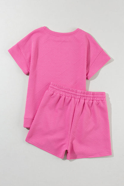 Strawberry Pink Textured Drawstring Shorts Set with Matching Top
